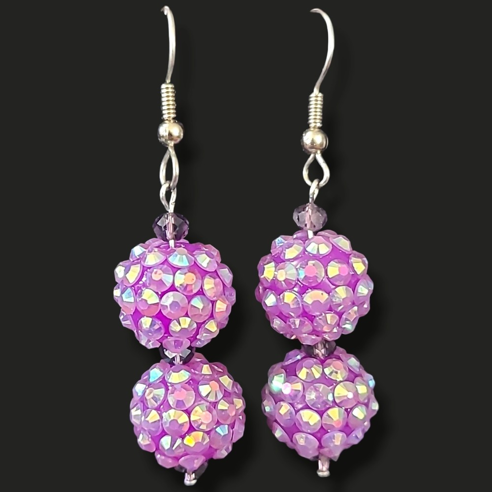 Double Purple Disco Ball Aurora Borealis Rhinestone Dangle Earrings 2.25"